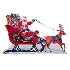 90s Christmas Animated Santa Sleigh Reindeer Wooden Musical‎ Winter Wall Decor